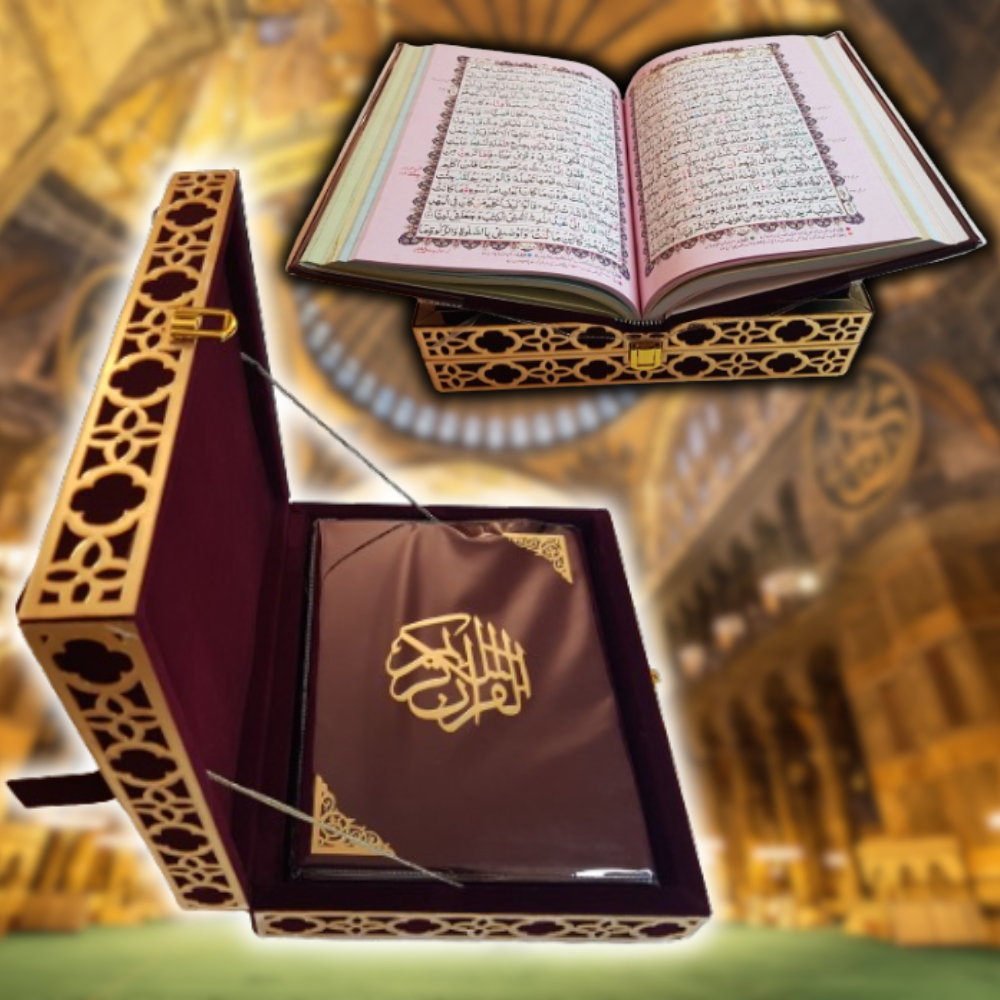 Velvet-Covered Wood Box with Quran Stand and 33-Bead Tasbeeh