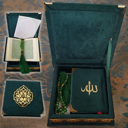 Velvet Cover Quran Elegent special design box With 33 Beats Tasbeeh Same Color Cap and Ittar