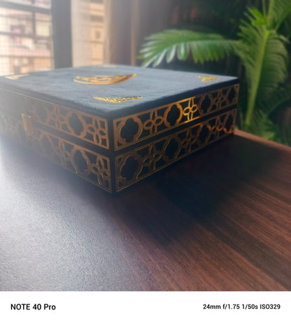 Luxuriory Velvet-Covered Quran Box with Tajveedi Quran, book Mark,tasbeeh nd Counting Tasbeeh