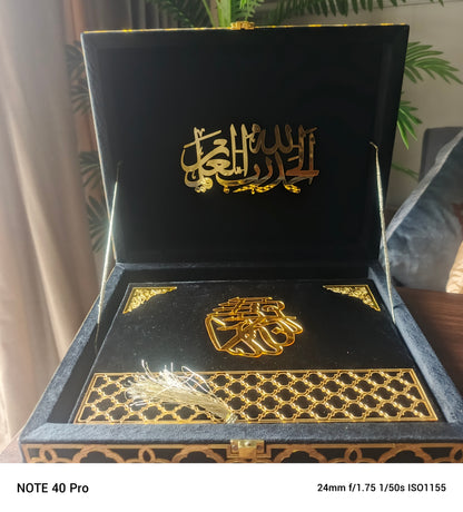 Luxuriory Velvet-Covered Quran Box with Tajveedi Quran, book Mark,tasbeeh nd Counting Tasbeeh