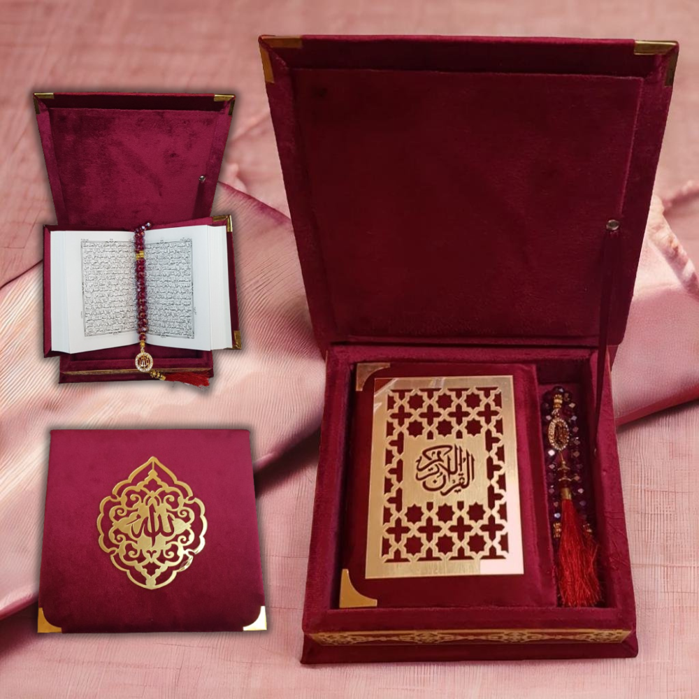 Velvet Cover Quran Elegent special design box With 33 Beats Tasbeeh Same Color Cap and Ittar