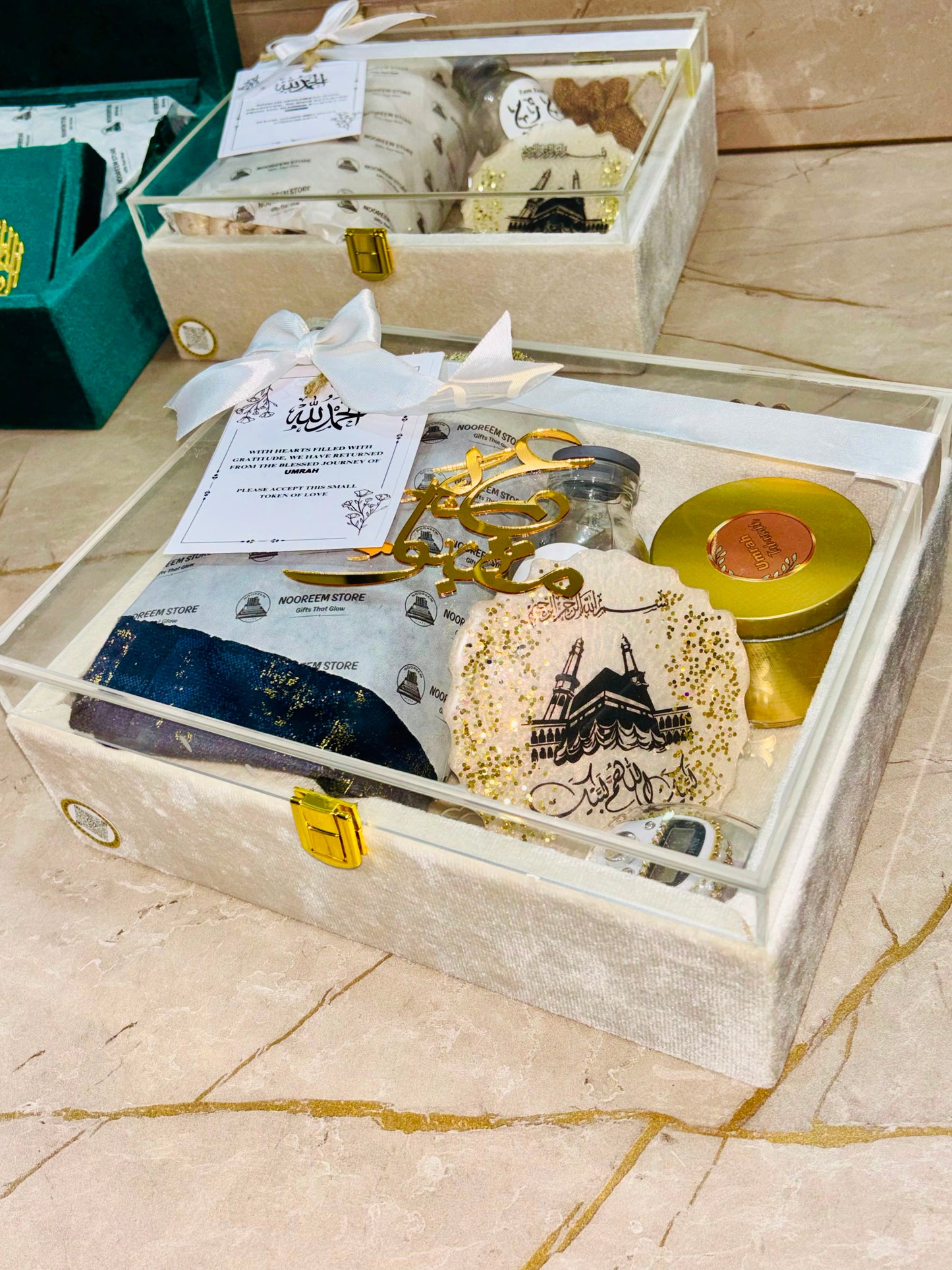 Umrah / Hajj Tabbaruk Wooden Velvet with Acrylic Cover Box